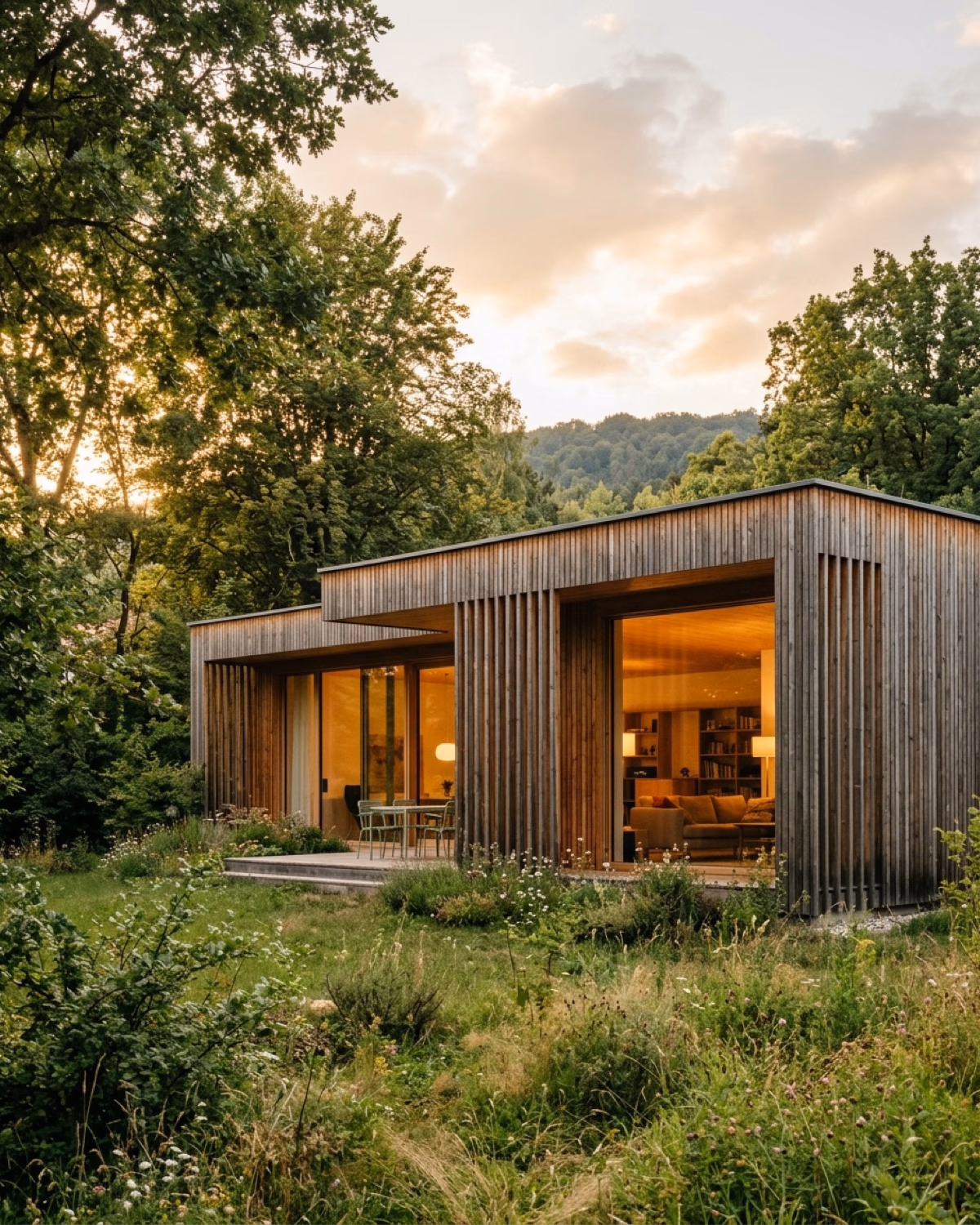 Haus H – Hinterbrühl – Familienvilla zwischen Wald und Wiese – Holzfassade aus regionaler Lärche, naturnaher Garten, ruhige Linienführung.