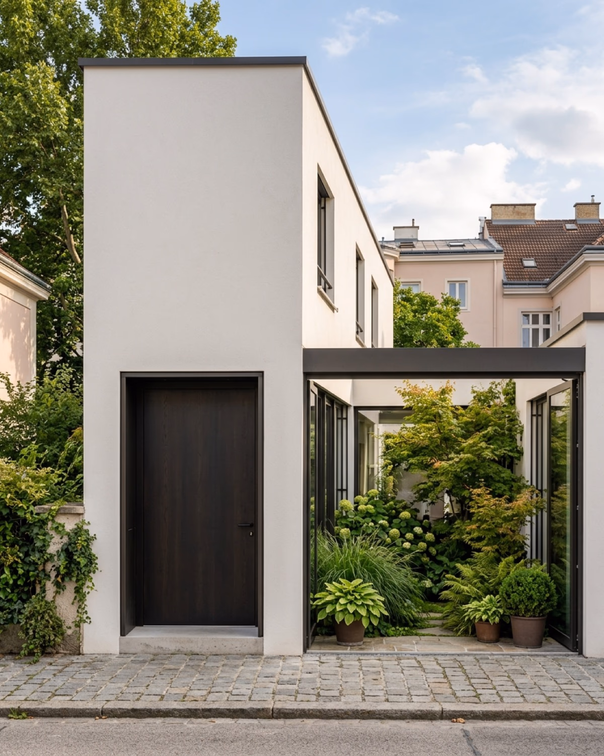 Haus Kahn – Stadt-Villa im Grünen – kompakter Baukörper mit großzügigem Innenhof und zurückhaltender Fassade.