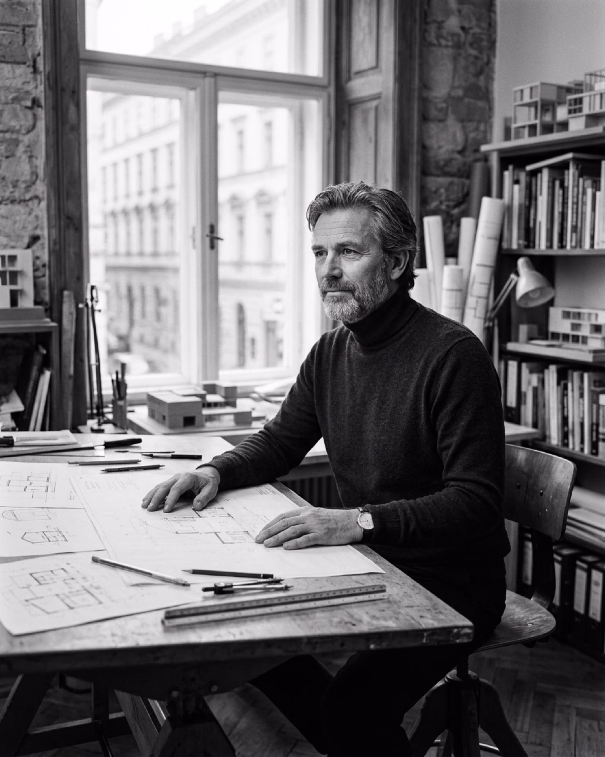 Architekt Jon Prix in seinem Atelier am Otto-Wagner-Platz, Wien