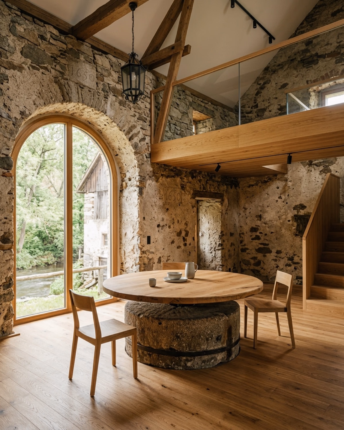 Marktmühle 1650 – Restaurierung einer Mühle aus dem Jahr 1650 – alter Mühlstein und norwegische Schiffsplanke integriert, ehemaliger Maschinenraum als Wohnzimmer.