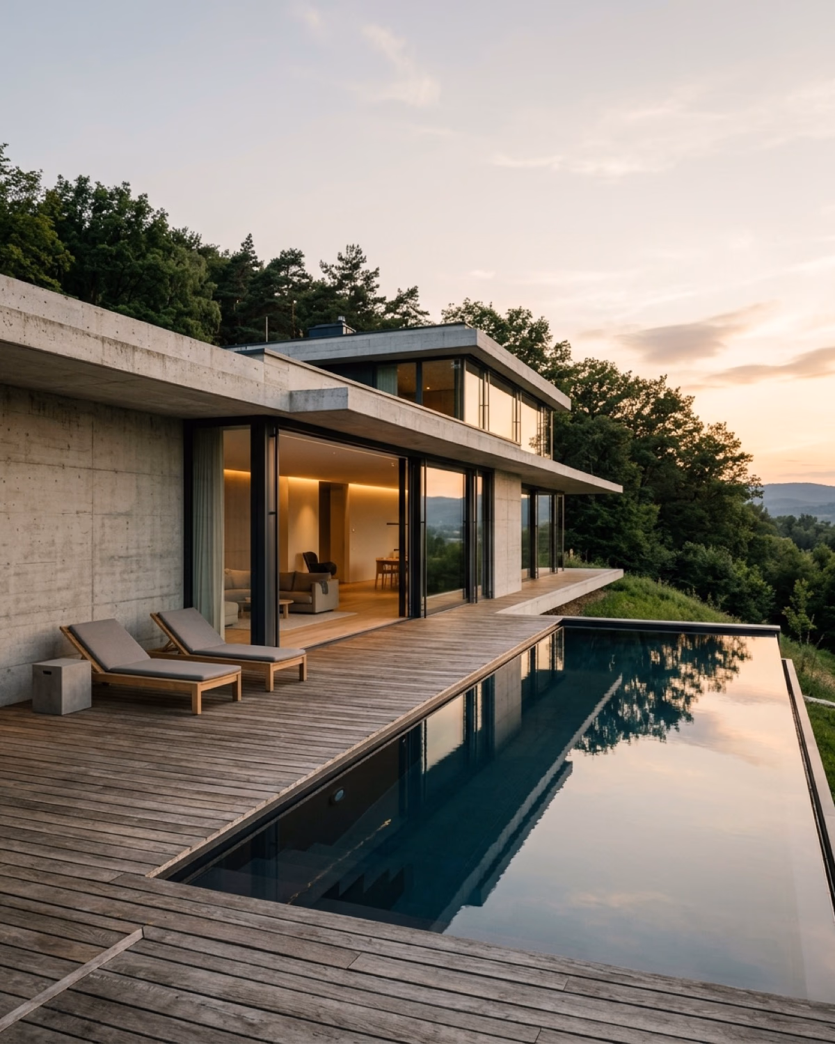 Pool-Haus – Solitärvilla mit Außenpool und Dachterrasse – Sichtbeton, Eichenholz und großflächige Verglasungen.