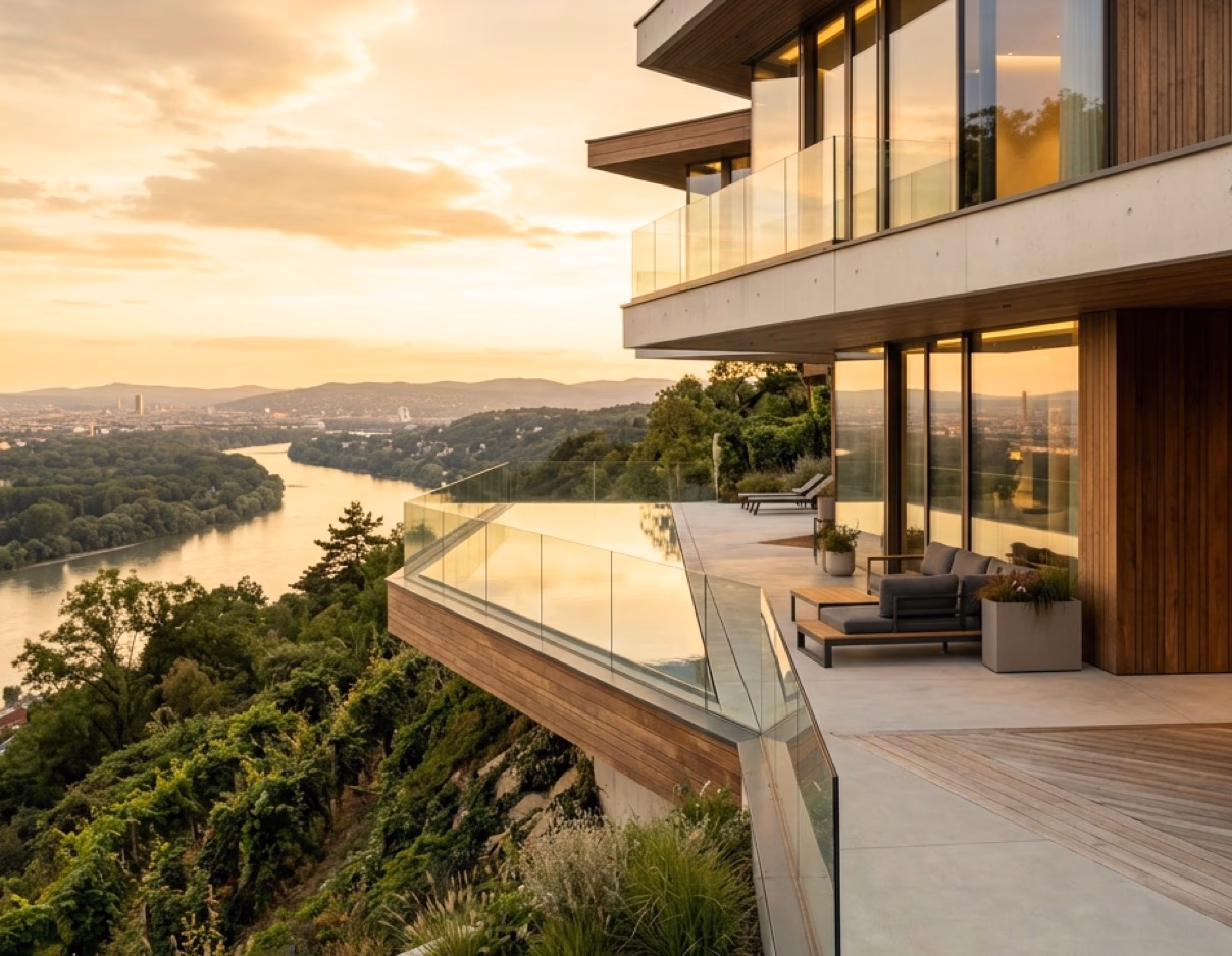 Villa Amadeus – Moderne Villa in Hanglage mit zweigeschossigem Wohnraum, freitragender Treppe und Infinity-Pool zur Donau.