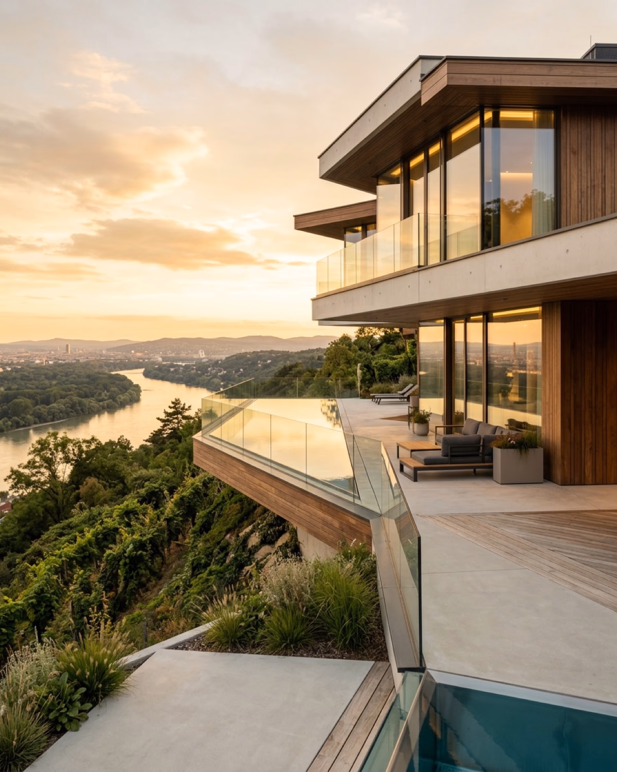 Villa Amadeus – Moderne Villa in Hanglage mit zweigeschossigem Wohnraum, freitragender Treppe und Infinity-Pool zur Donau.
