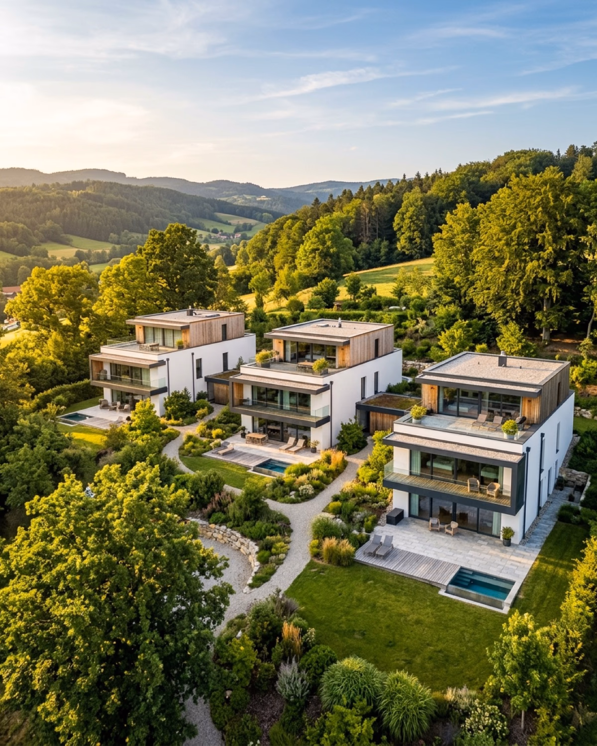 Villenanlage H – Drei freistehende Villen auf gemeinsamer Liegenschaft, mit unterschiedlichen Grundrissen, aber einer Materialsprache.